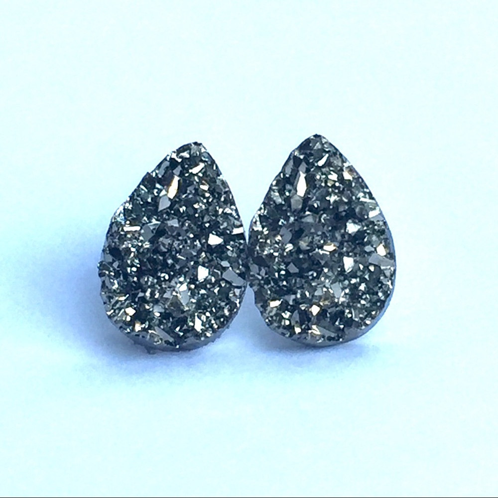 Druzy Large Gunmetal Gray Teardrop Stud Earrings